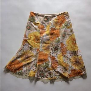 Yellow Floral Linen Beaded Flare A-Line Skirt